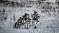 Soldaten in Schneetarnanzügen laufen auf Skiern durch eine verschneite Landschaft.