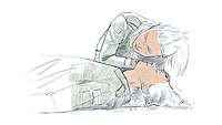 Illustration: Eine weibliche Person kontrolliert die Atmung eines Verwundeten