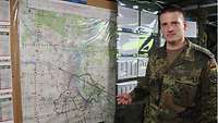 Ein Soldat zeigt mit einem Zeigestock auf eine Landkarte