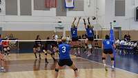 Volleyballspielerinnen springen hoch zu einem Block