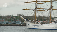 Segelschiff vor einem Hafen mit grauen Schiffen