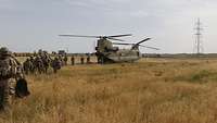 Mehrere Soldatinnen und Soldaten steigen aus einem Hubschrauber, der auf einem Feld steht