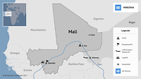 Eine Karte von Mali, die das Einsatzgebiet von MINUSMA zeigt