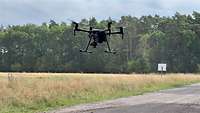 Eine schwarze Drohne schwebt an einer Waldlichtung knapp über dem Weg.
