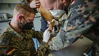Ein Soldat legt einen Venenzugang bei seiner Diensthündin. Ein weiterer Soldat hält das Bein der Hündin fest.