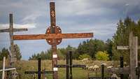 Kreuze auf dem Hügel der Kreuze im Hintergrund eine Schafherde