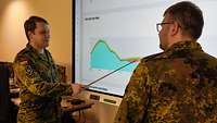 Zwei Soldaten stehen vor einem Smartboard. 