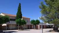 Ein Schulhof mit Bäumen
