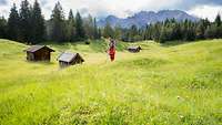 A man with a brush cutter is standing on a meadow; in the background, two hay shacks can be seen.