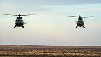Zwei leichte Mehrzweckhubschrauber für Spezialkräfte H145M LUH SOF fliegen über die Wüste.