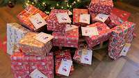 Viele Geschenke, eingepackt in Weihnachtsgeschenkpapier liegen unter einem Weihnachtsbaum 