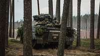 Soldaten fahren mit einem Panzer im Wald