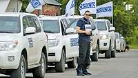Ein OSZE-Beobachter steht vor einer Reihe parkender weißer Autos der OSZE