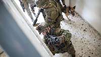 Mehrere Soldaten stehen bewaffnet in einem Gebäude, zusammen mit einem Diensthund.