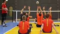 Mehrere Sportler spielen Sitzvolleyball.