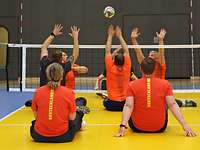 Mehrere Sportler spielen Sitzvolleyball.