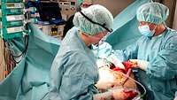 In an operating theatre, two physicians in green surgical gowns are operating on a training dummy that is cut open.