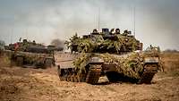 Two tanks camouflaged with branches move in single file on a mud track across an open field. 