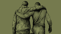 Eine Zeichung von zwei Soldaten, die sich sich gegenseitig einen Arm auf die Schulter legen