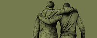 Eine Zeichung von zwei Soldaten, die sich sich gegenseitig einen Arm auf die Schulter legen