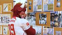 Das Red Bull Maskottchen des Fußballvereins Leipzig steht vor einer Infotafel und liest.