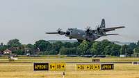 A C-130 Hercules takes off from Wunstorf Air Base as part of the Air Defender exercise.