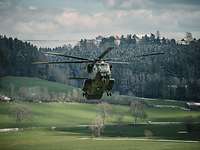 Ein Transporthubschrauber CH-53 fliegt dicht über begrünten Boden, im Hintergrund ist ein Wald mit Haus zu erkennen.