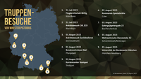 Eine Grafik zeigt zwölf Standorte in Deutschland, die Minister Pistorius besucht