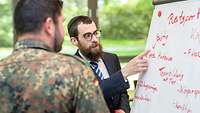 Militärrabbiner Shmuel Havlin zeigt auf eine Flipchart und bespricht die Ergebnisse mit einem Soldaten