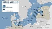 Eine Karte der Ostsee; ein Gebiet westlich von Estland und Lettland ist mittelblau schraffiert.