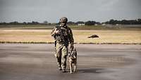 Ein bewaffneter Soldat mit seinem treuen Begleiter, einem Schäferhund.