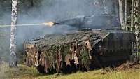 Am Waldrand steht ein Panzer und schießt. Rauch steigt auf.