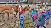 Pferde stehen auf einer Koppel und Kinder streicheln sie. 