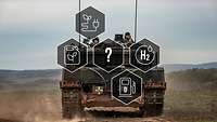 Ein Foto von einem Kampfpanzer Typ Leopard, auf dem Icons von Kraftstoffen platziert sind
