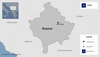 Eine Karte vom Kosovo, die das Einsatzgebiet von KFOR zeigt.