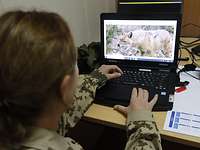Eine Soldatin sitzt vor einem Laptop und schaut sich Aufzeichnungen an.