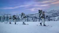 Vier Soldaten fahren auf Ski über Schnee mit Rucksäcken auf den Rücken. Im Hintergrund ist eine Berglandschaft.
