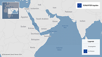 Eine Infografik mit einer Karte der Seegebiete um die arabische Halbinsel im Mittelpunkt