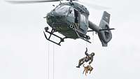Soldier with dog rappels from an H145M.