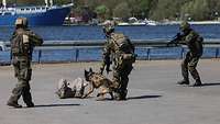 Mehrere Soldaten, einer davon mit Diensthund, halten einen Eindringling fest, um ihn an die Polizei zu übergeben