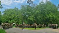 Soldatinnen und Soldaten treten vor einem Waldstück an