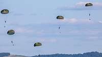 Fallschirmjäger gleiten unter blauem Himmel dem Boden entgegen