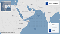 An infographic with a map of the maritime areas around the Arabian Peninsula in focus