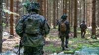 Rückenansicht: Bewaffnete Soldaten laufen hintereinander durch einen Wald.