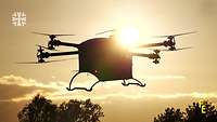 Eine Drohne in der Luft, im Hintergrund ist eine Sonne zu sehen
