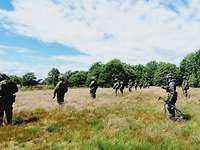 Mehrere Soldaten gehen durch eine Heidelandschaft