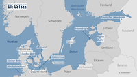 Eine Karte der westlichen, mittleren und östlichen Ostsee.