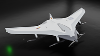 Ein Modell einer Drohne mit Tragflächen steht auf einer schwarzen Fläche