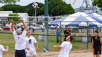 Mehrere Personen spielen Volleyball auf einer Wiese. im Hintergrund ist ein Schiff zu sehen.