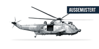 Mehrzweckhubschrauber Sea King Mk41 freigestellt in Seitenansicht und der Schriftzug „Ausgemustert“